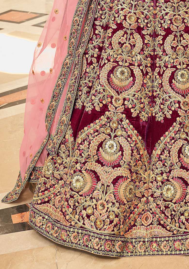 Maroon Embroidered Velvet Lehenga Set - Indya