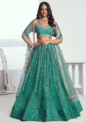 Rama Green Embroidered Net Lehenga Set