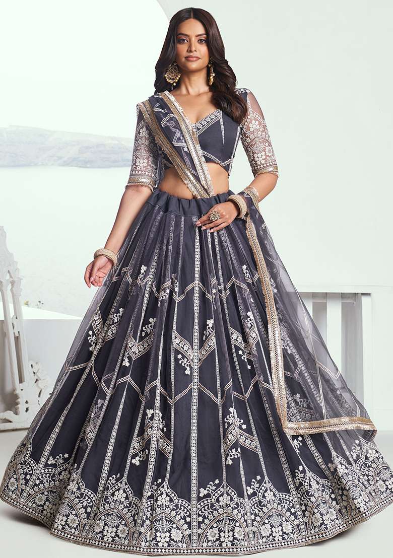 Grey Embroidered Net Lehenga Set for Diwali and Festive Wear - Indya