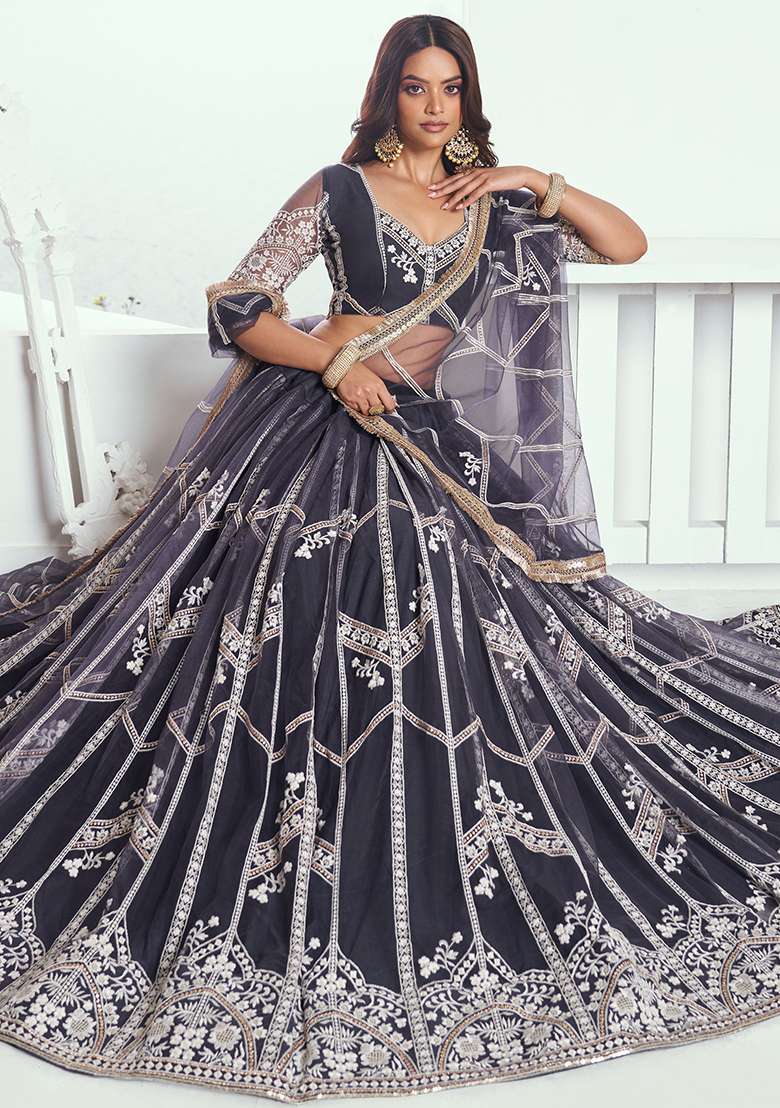 Grey Embroidered Net Lehenga Set for Diwali and Festive Wear - Indya