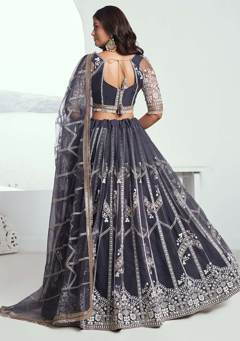 Grey Embroidered Net Lehenga Set for Diwali and Festive Wear - Indya