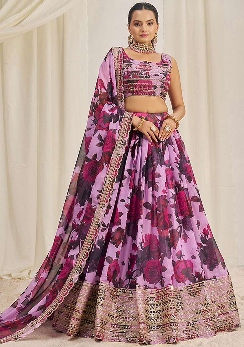 Baby Pink Sequin Embroidered Organza Lehenga Set - Indya