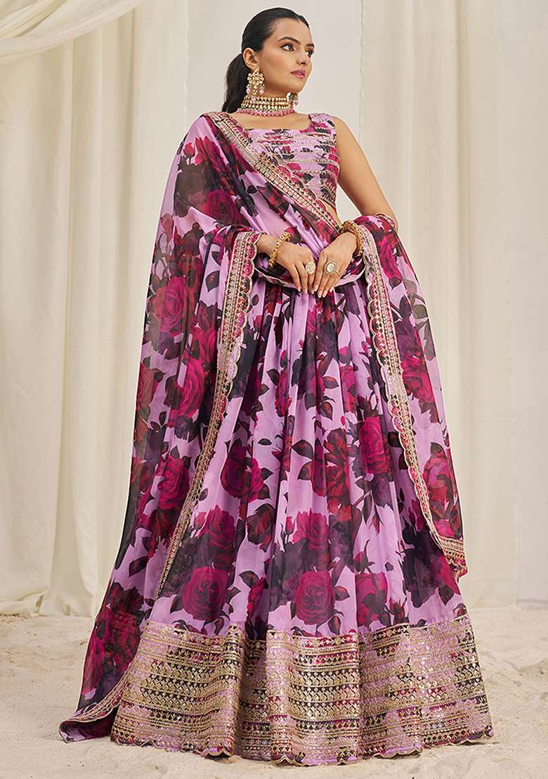 Baby Pink Sequin Embroidered Organza Lehenga Set - Indya