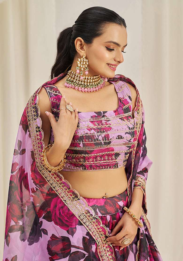Baby Pink Sequin Embroidered Organza Lehenga Set - Indya