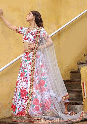 Off White Floral Print Art Silk Lehenga Set