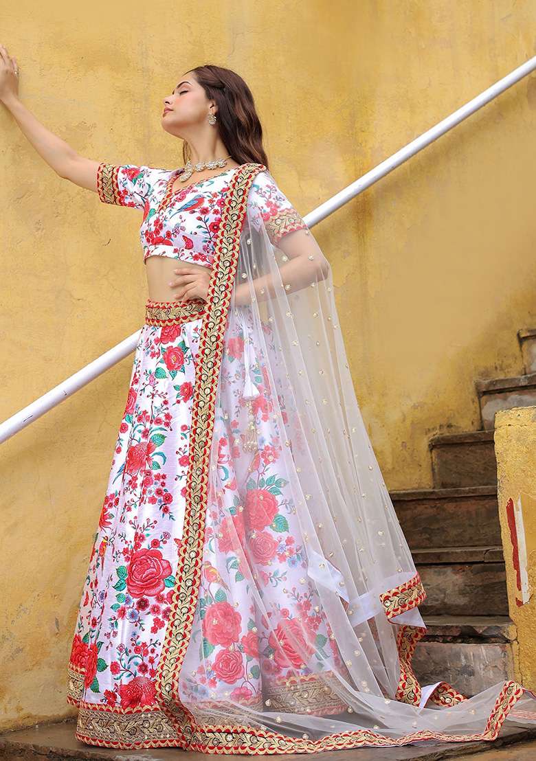 Off White Floral Print Art Silk Lehenga Set - Indya