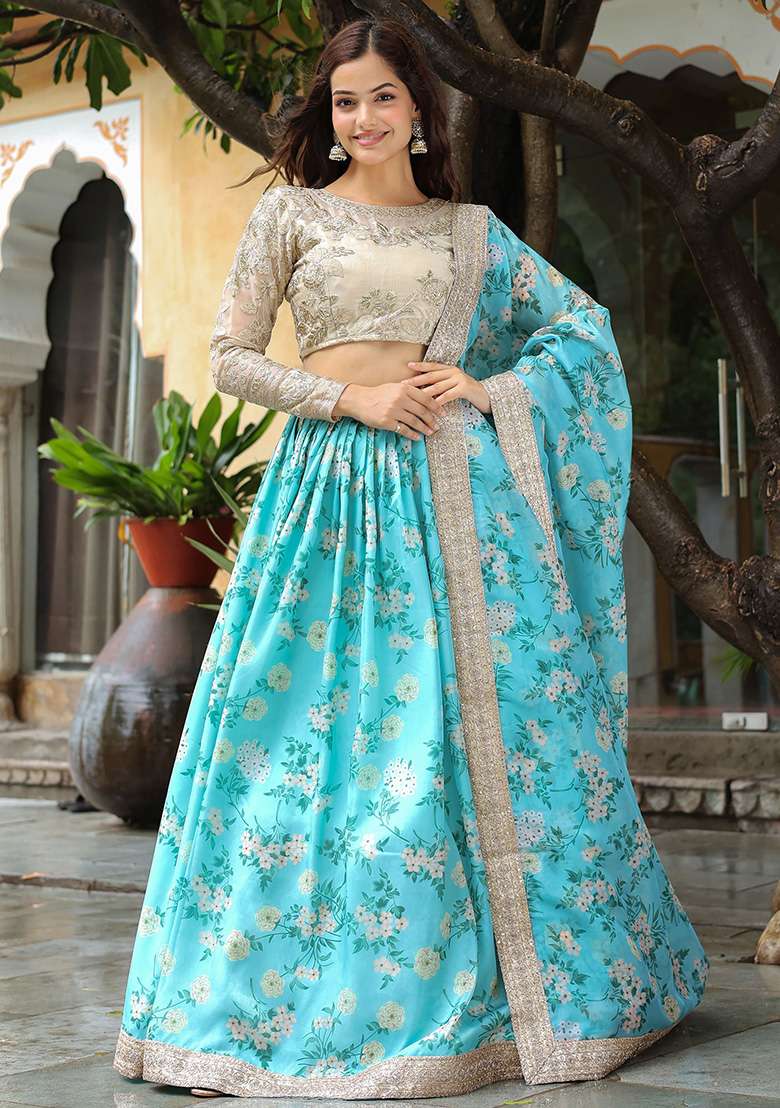 Sky Blue Floral Print Organza Lehenga Set - Indya