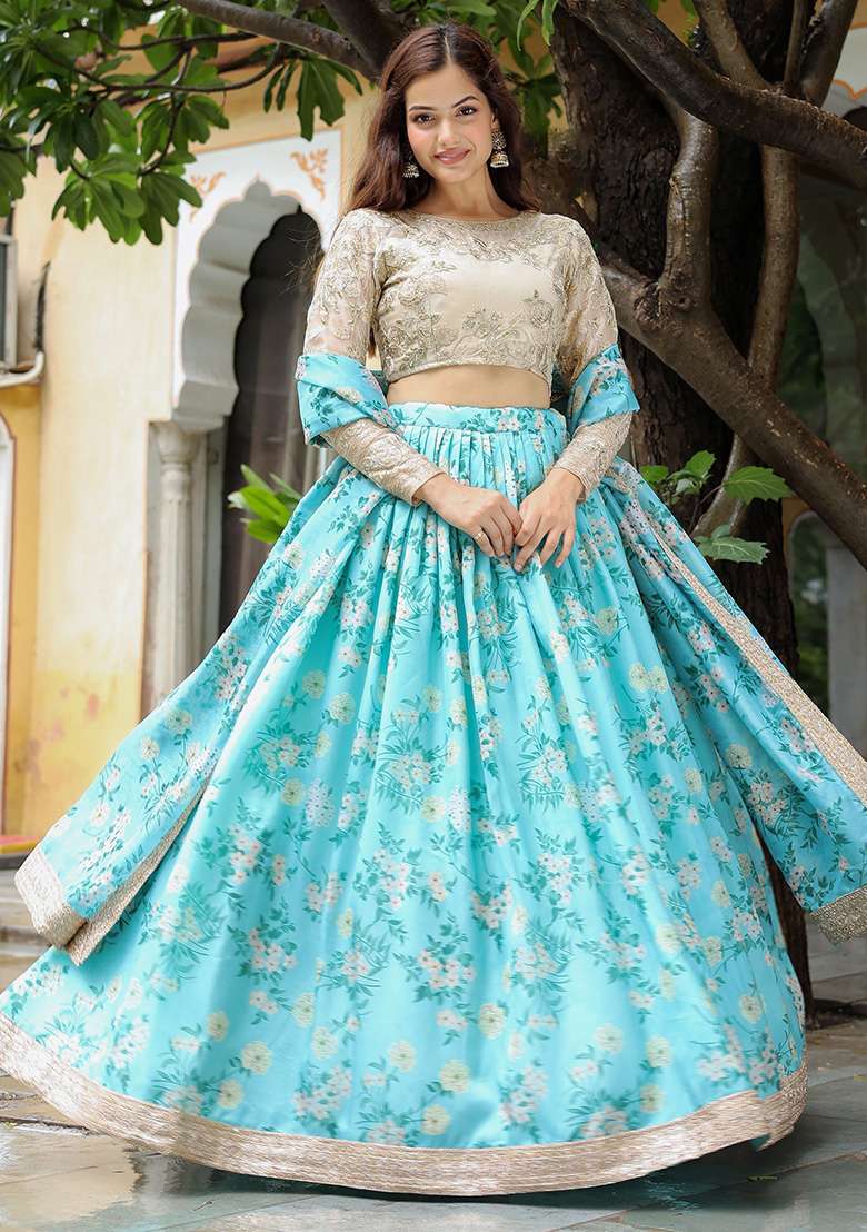 Sky Blue Floral Print Organza Lehenga Set - Indya