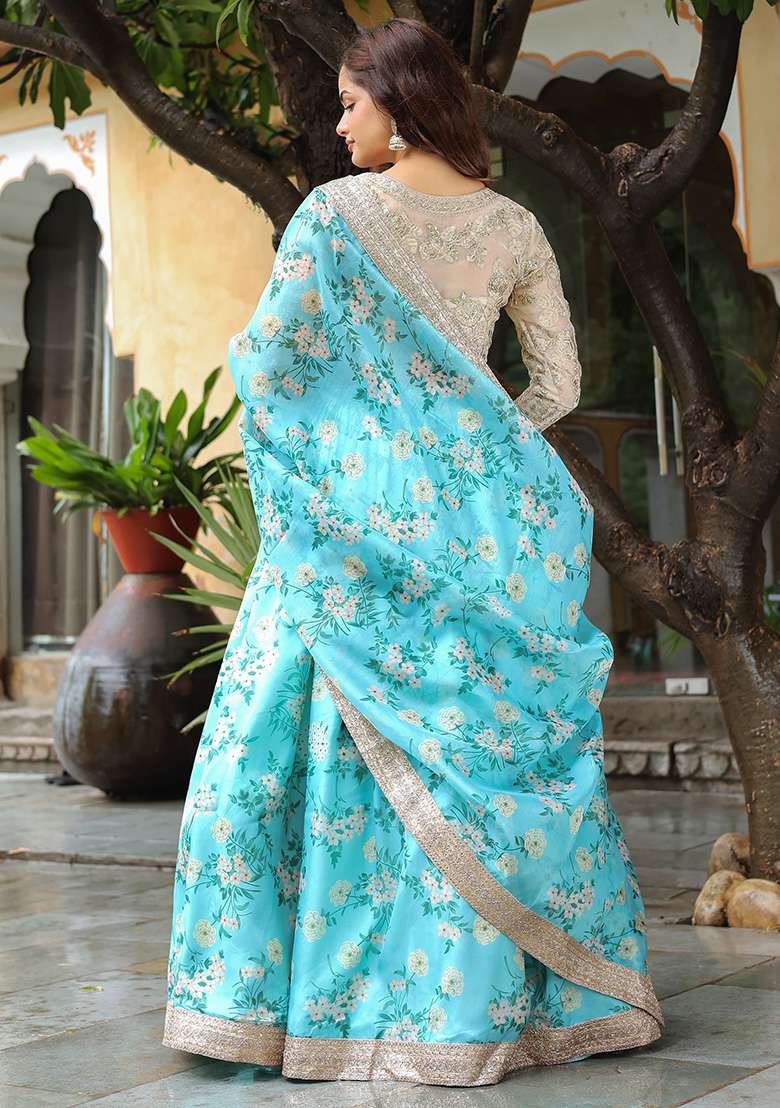 Sky Blue Floral Print Organza Lehenga Set - Indya