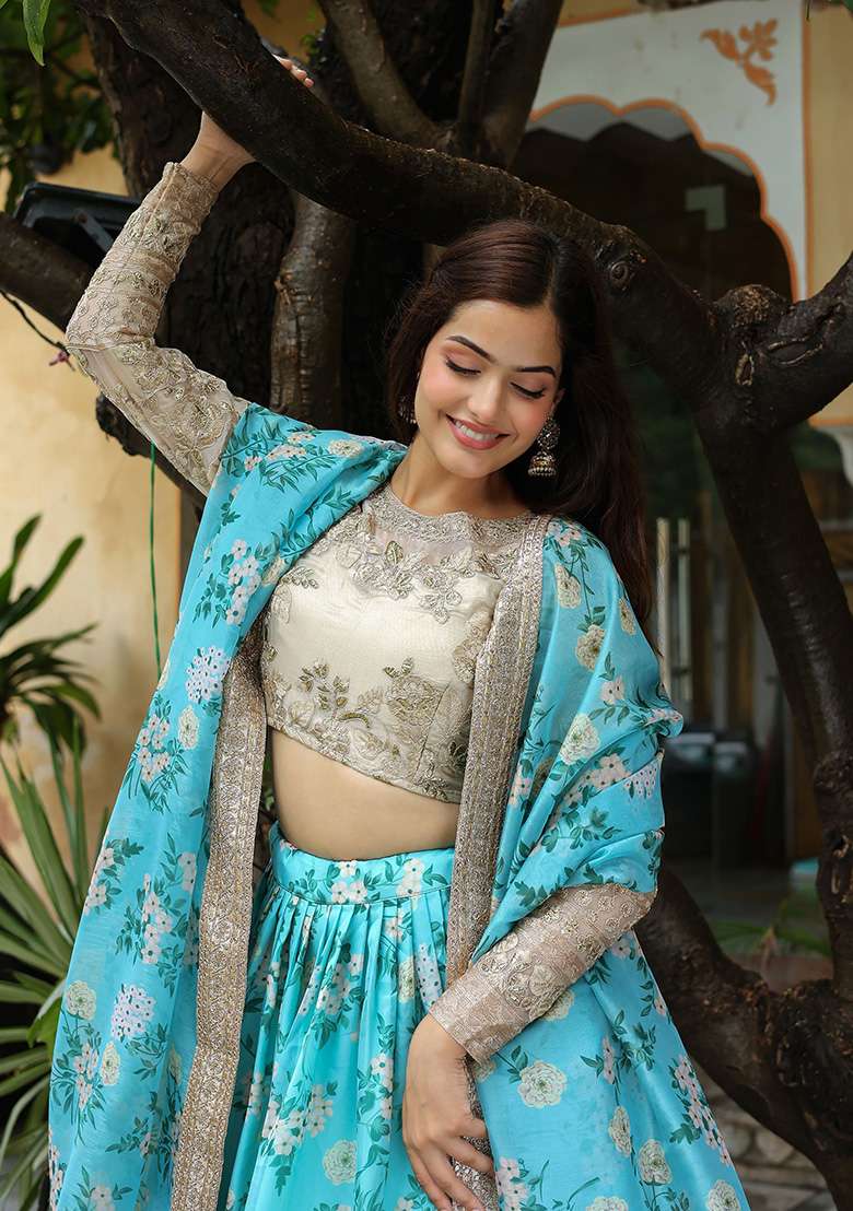 Sky Blue Floral Print Organza Lehenga Set - Indya