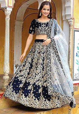 Navy Blue Embroidered Velvet Lehenga Set