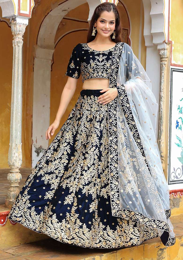 Navy Blue Embroidered Velvet Lehenga Set - Indya