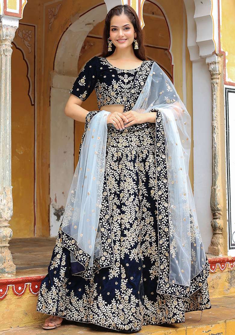 Navy Blue Embroidered Velvet Lehenga Set - Indya