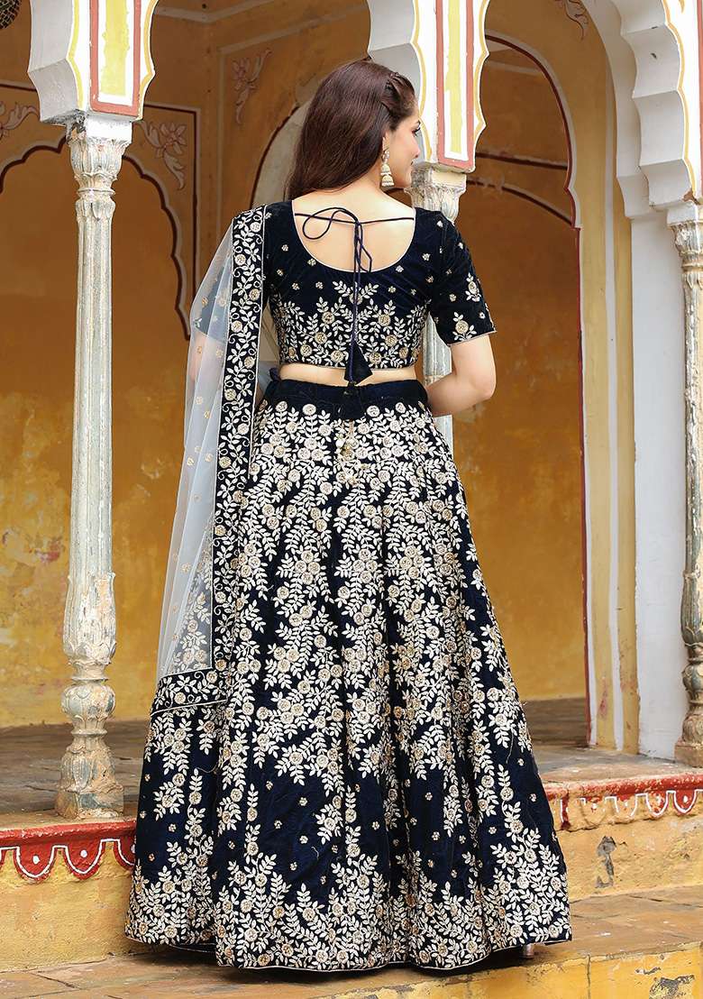 Navy Blue Embroidered Velvet Lehenga Set - Indya