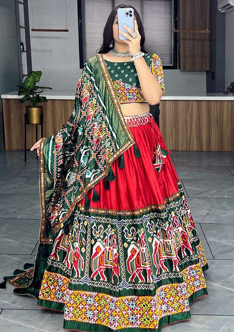 Red Digital Print Silk Lehenga Set - Indya