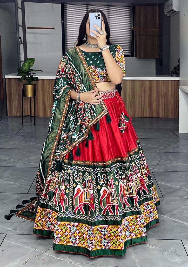Red Digital Print Silk Lehenga Set - Indya