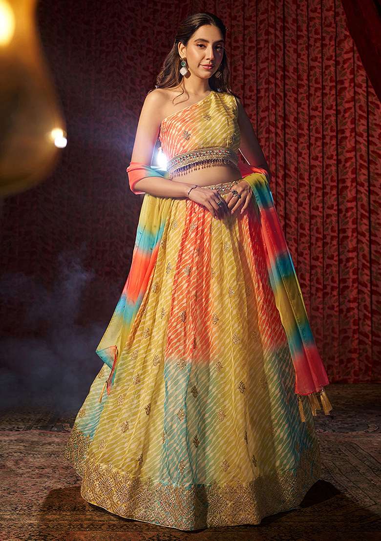 Yellow Sequin Embroidered Organza Lehenga Set for Diwali and Festive Wear - Indya