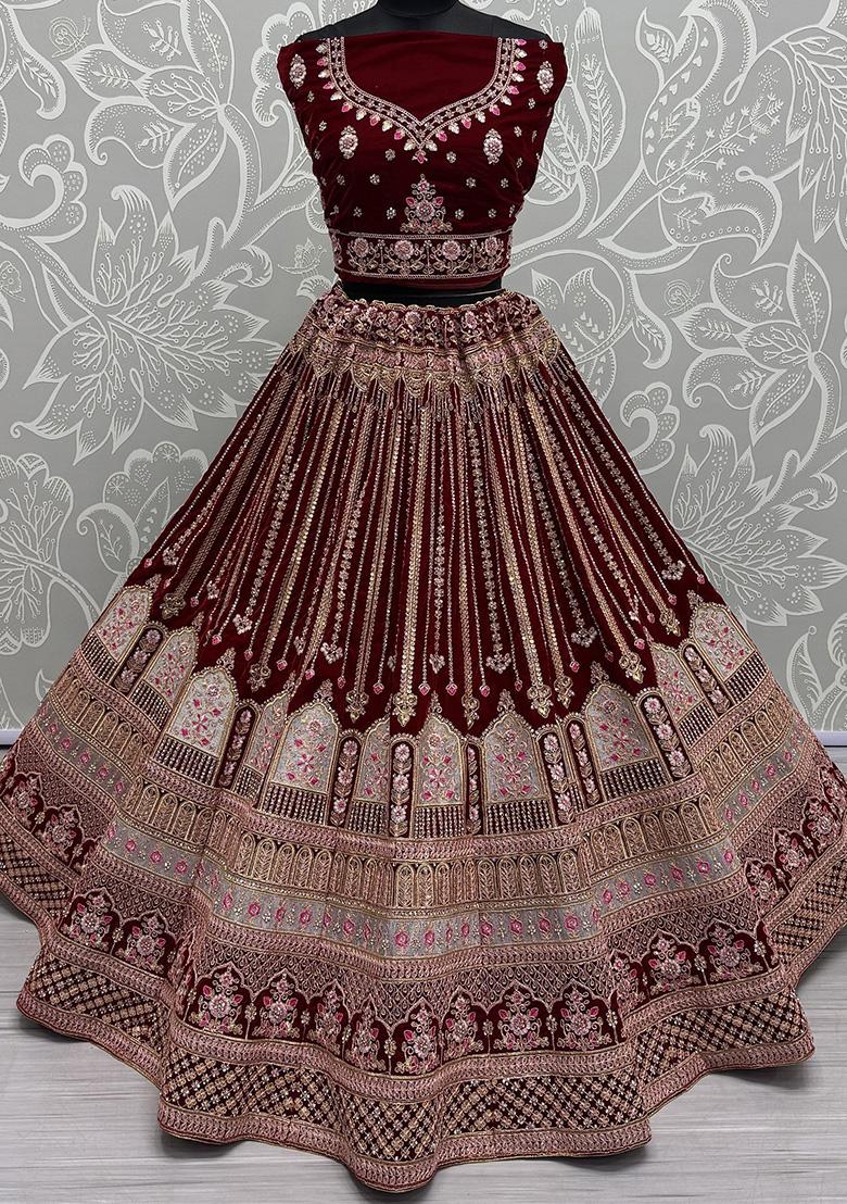 Dark Maroon Zari Work Velvet Lehenga Set