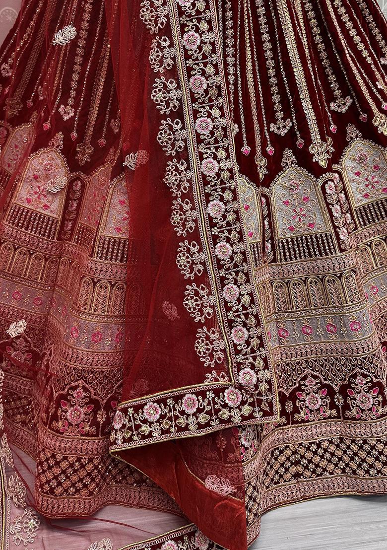Dark Maroon Zari Work Velvet Lehenga Set