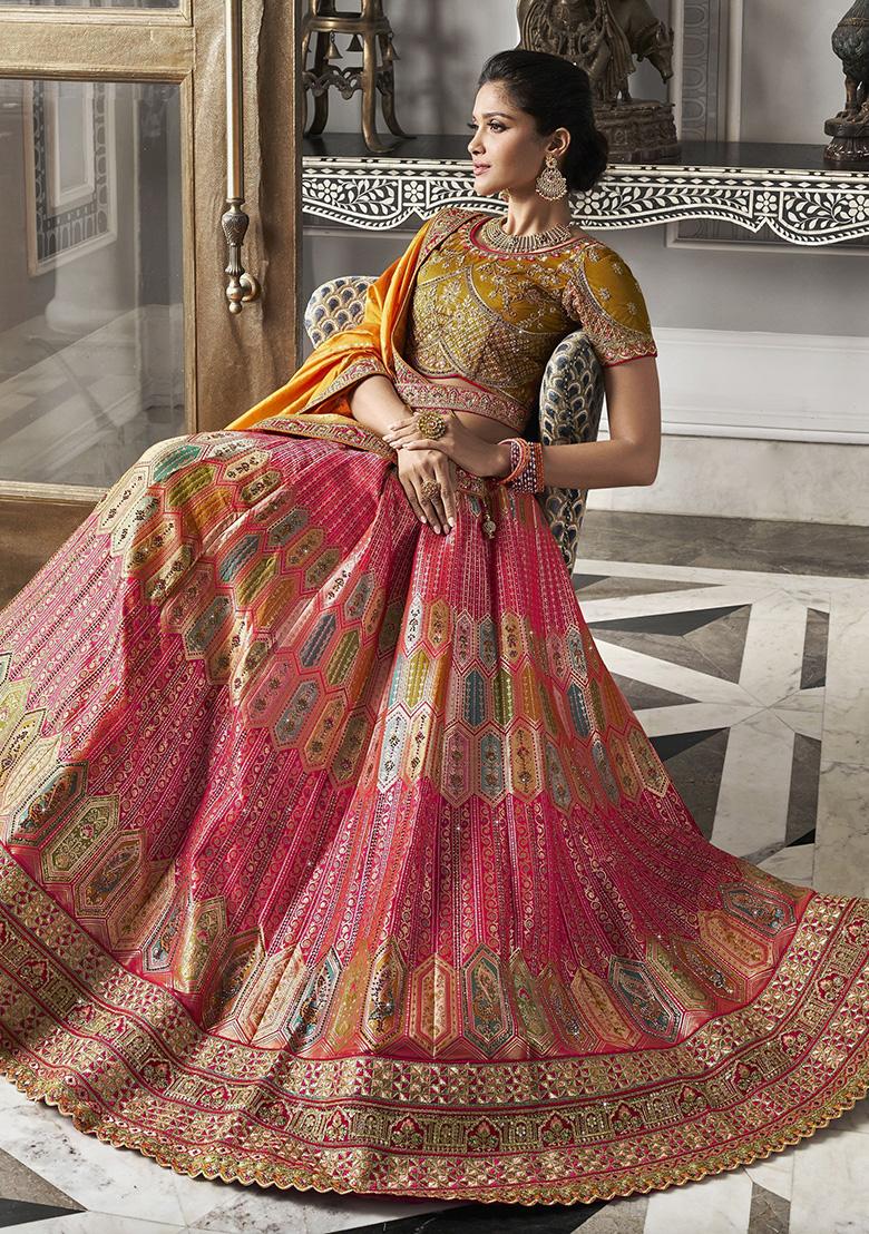 Mustard Yellow Embroidered Net Lehenga Set