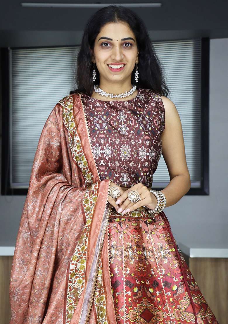 Brown Art Silk Lehenga Set with Printed for Diwali | Wedding & Festive Wear - Indya