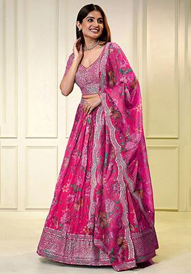 Pink Sequin Embroidered Organza Lehenga Set