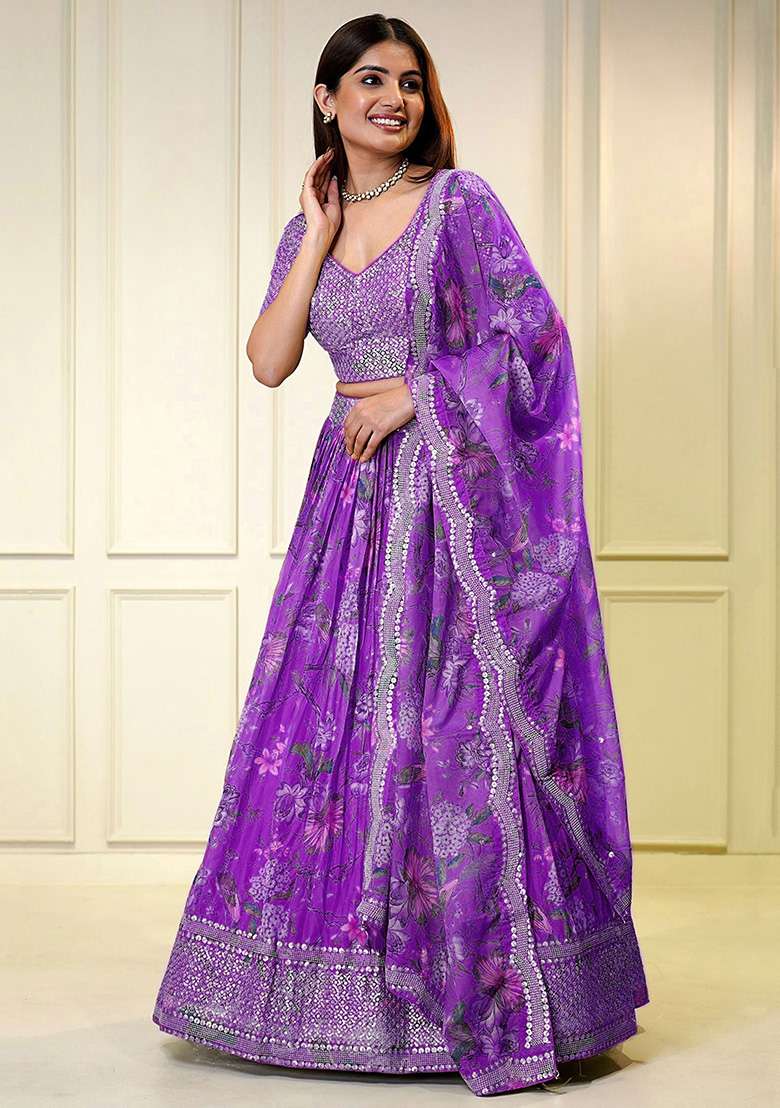 Purple Sequin Embroidered Organza Lehenga Set - Indya
