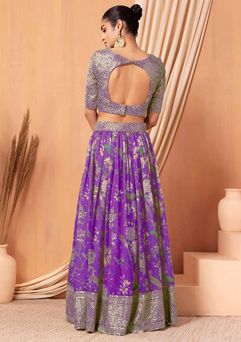 Purple Sequin Embroidered Organza Lehenga Set - Indya