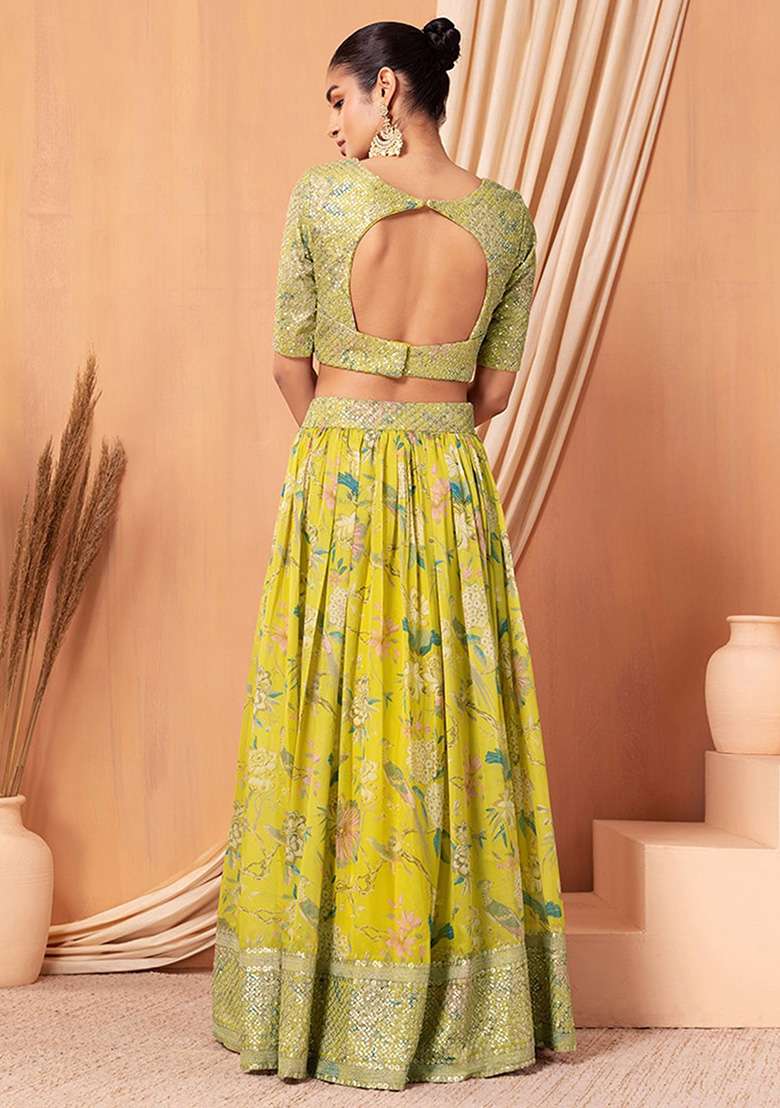 Yellow Sequin Embroidered Organza Lehenga Set - Indya