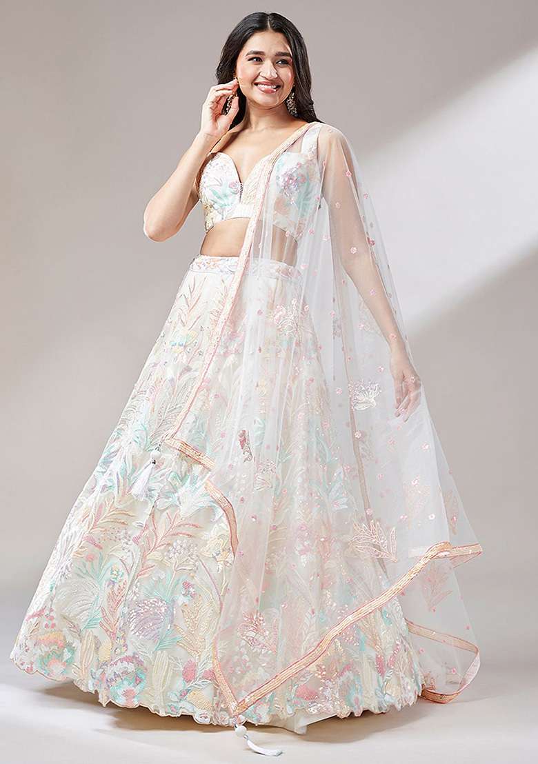 Off White Sequin Embroidered Net Lehenga Set - Indya