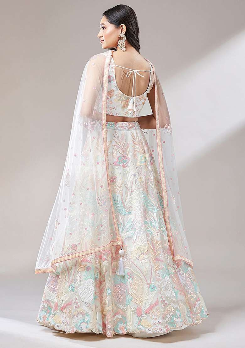 Off White Sequin Embroidered Net Lehenga Set - Indya