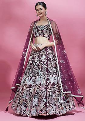 Wine Sequin Embroidered Net Lehenga Set