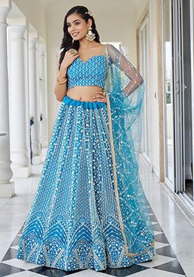 Sky Blue Embroidered Net Lehenga Set