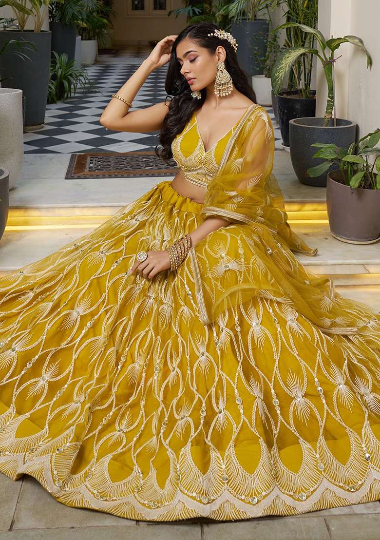 Mustard Yellow Net Lehenga Set with Embroidered for Diwali | Wedding & Festive Wear - Indya