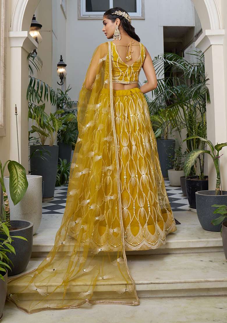 Mustard Yellow Net Lehenga Set with Embroidered for Diwali | Wedding & Festive Wear - Indya