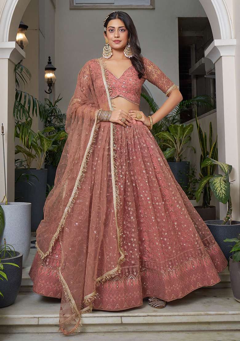 Rose Golden Embroidered Net Lehenga Set for Diwali and Festive Wear - Indya