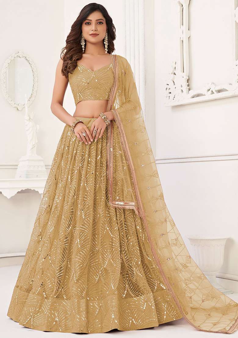 Brown Sequin Embroidered Net Lehenga Set for Diwali and Festive Wear - Indya