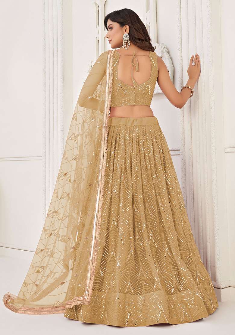 Brown Sequin Embroidered Net Lehenga Set for Diwali and Festive Wear - Indya