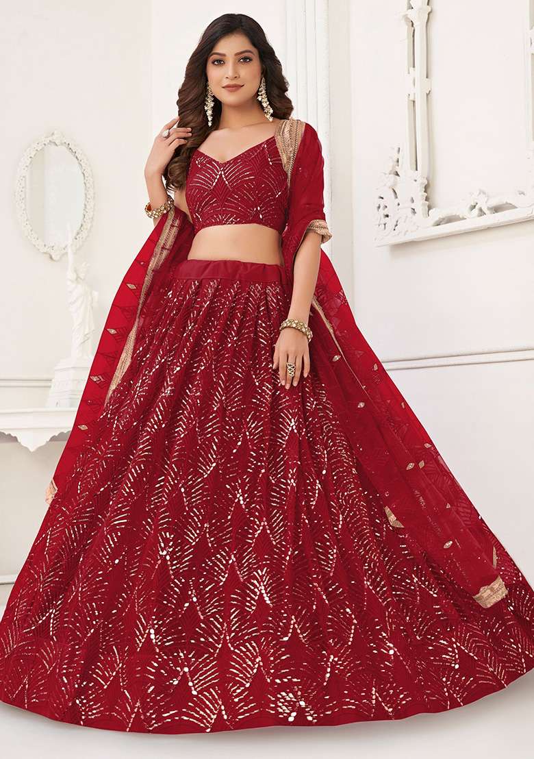 Red Net Lehenga Set with Embroidered & Sequin for Diwali | Wedding & Festive Wear - Indya
