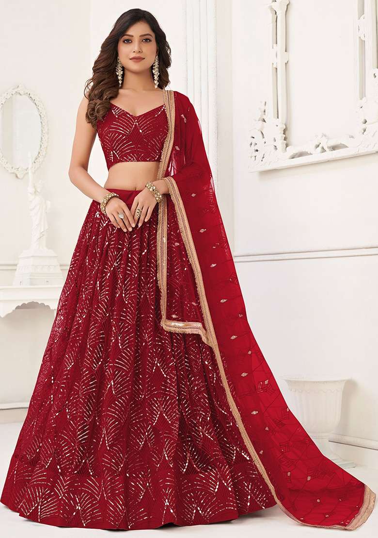 Red Net Lehenga Set with Embroidered & Sequin for Diwali | Wedding & Festive Wear - Indya