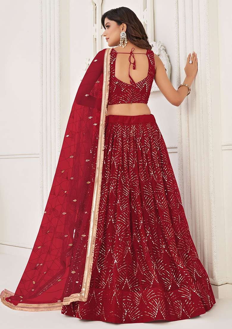 Red Net Lehenga Set with Embroidered & Sequin for Diwali | Wedding & Festive Wear - Indya