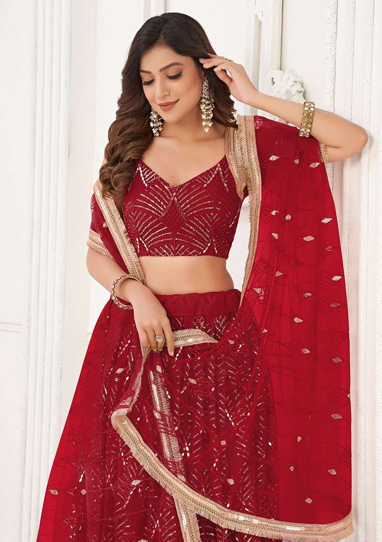 Red Net Lehenga Set with Embroidered & Sequin for Diwali | Wedding & Festive Wear - Indya