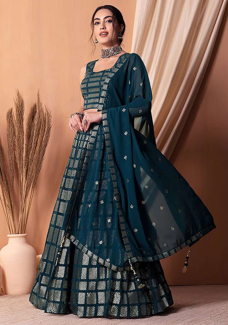 Teal Blue Sequin Embroidered Georgette Lehenga Set - Indya