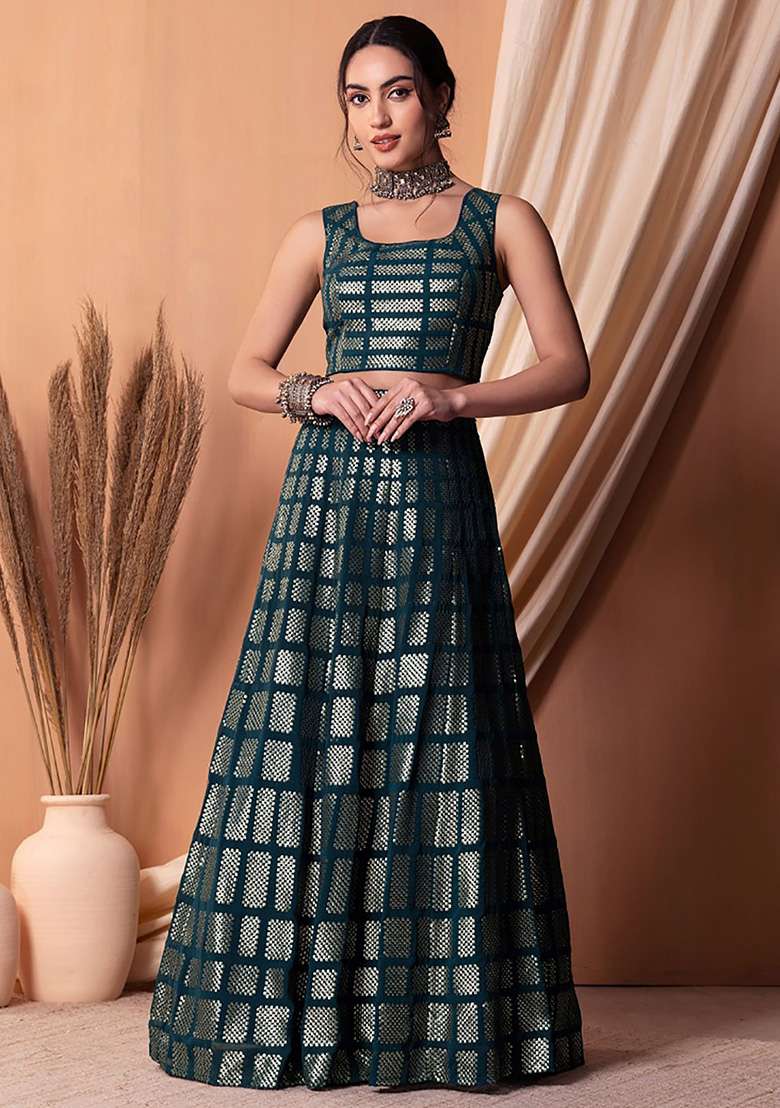 Teal Blue Sequin Embroidered Georgette Lehenga Set - Indya