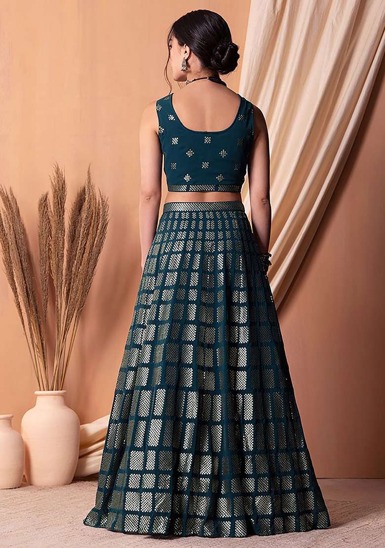 Teal Blue Sequin Embroidered Georgette Lehenga Set - Indya