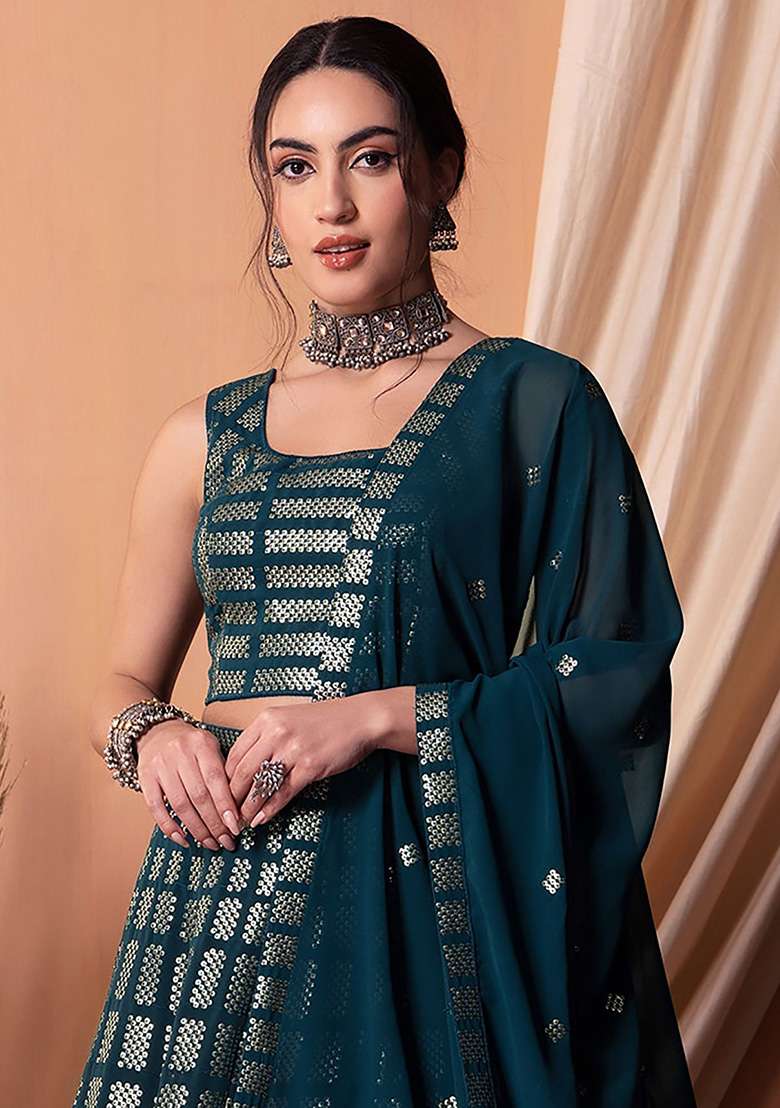 Teal Blue Sequin Embroidered Georgette Lehenga Set - Indya