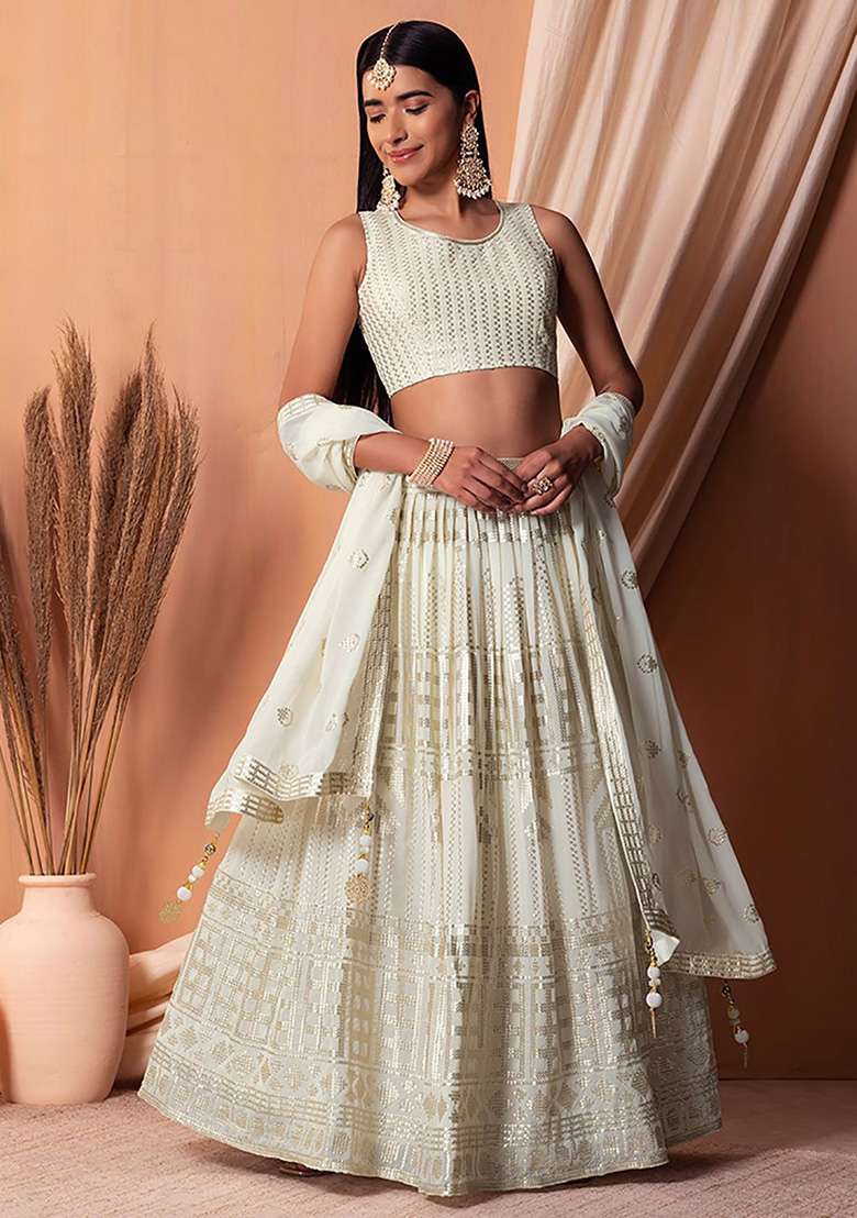 White Sequin Embroidered Georgette Lehenga Set - Indya