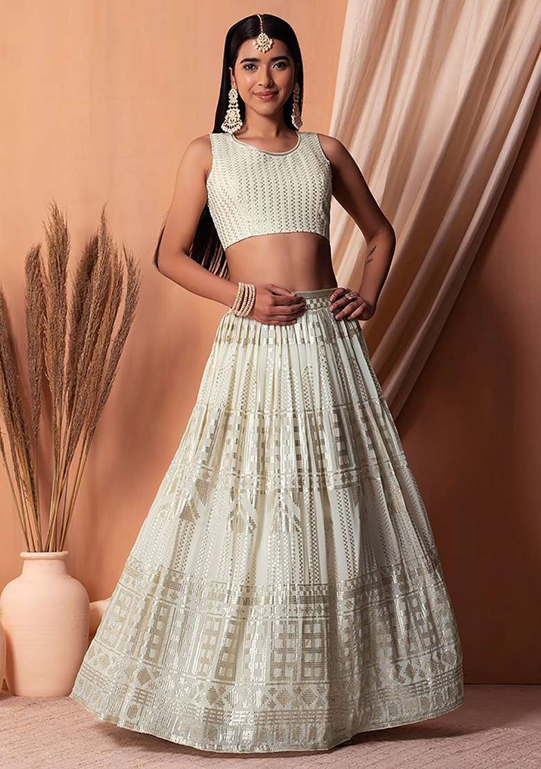 White Sequin Embroidered Georgette Lehenga Set - Indya