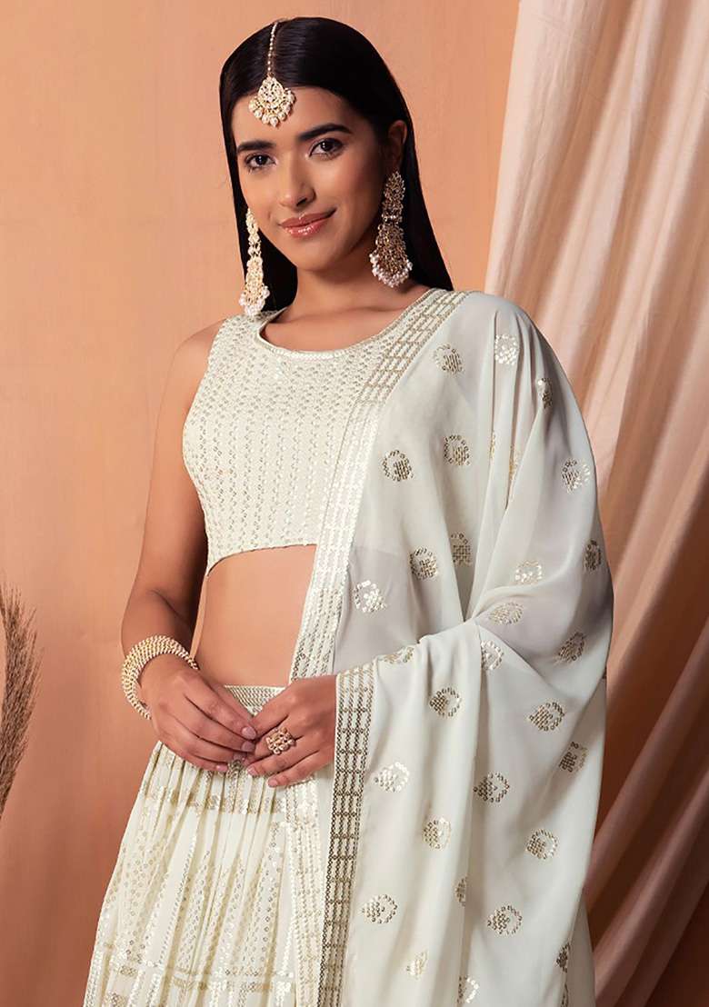 White Sequin Embroidered Georgette Lehenga Set - Indya