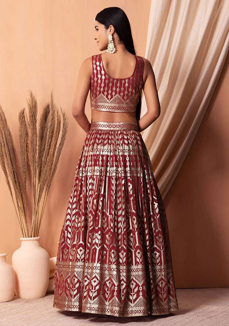 Maroon Sequin Embroidered Georgette Lehenga Set - Indya